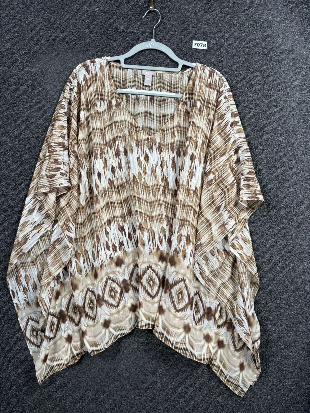 Chico's Tunic Top Womens Size L/XL Brown Tan Geometric Print Short Sleeve V-Neck